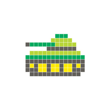 A flat pixel design made of geometric square color blocks on a clean icon layout. Pixel art tank