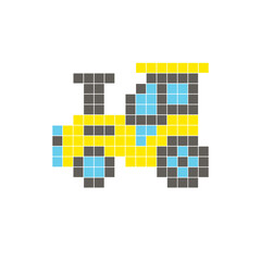 A flat pixel design made of geometric square color blocks on a clean icon layout. Pixel art tractor
