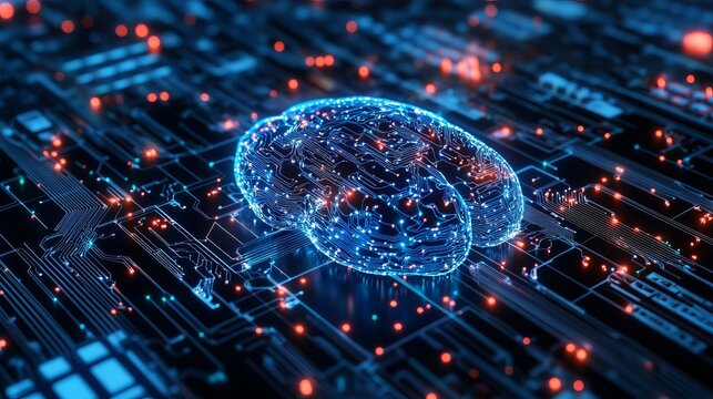 A futuristic digital brain illustration on a circuit board with glowing red and blue lights - Powered by Adobe