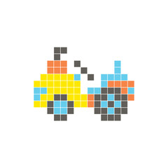 A flat pixel design made of geometric square color blocks on a clean icon layout. Pixel art tractor
