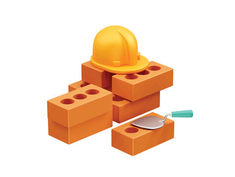 Construction Building Materials and Tools bricks trowels icon illustration 3d