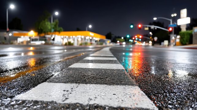 Bicycling lane is visible on a rainy city road at night with streetlights reflecting on the water. Cars are passing by