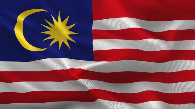 Malaysian flag waving with realistic cloth texture, red and white stripes, blue canton, yellow crescent and 14-point star.