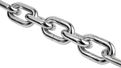 A strong metal chain with polished silver links connected in a series.