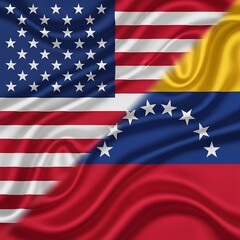 Obraz premium political tension economic conflict international relations sanctions diplomacy waving fabric flags representing USA versus Venezuela interconnected relations between the United States and Venezuela