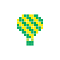 A flat pixel design made of geometric square color blocks on a clean icon layout. Pixel art hot air balloon