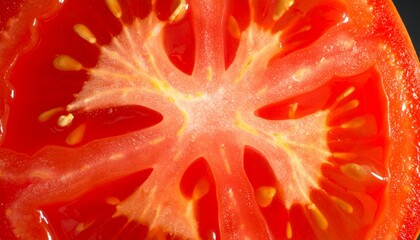 Tomato Slice Macro Texture showcases vibrant red juicy flesh with intricate seeds and smooth skin details, highlighting freshness, natural beauty, and organic appeal in close-up photography, perfect f