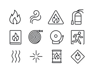 Fire Safety Icons. Fire hazard symbols. Line icon set of fire hazard symbols: flame, smoke swirl, hazard triangle, extinguisher, fire blanket, water hose reel,