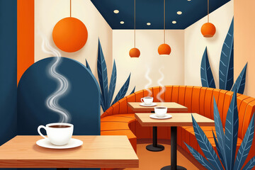 Abstract Café Interior Editorial Collage. Modern Paper Cut Coffee Shop Design. Cozy Creative Café Illustration