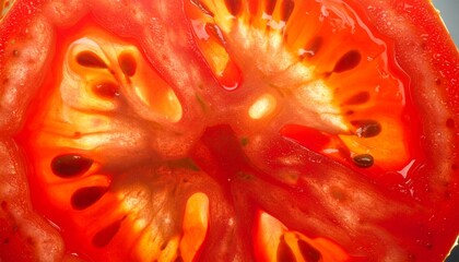 Tomato Slice Macro Texture showcases vibrant red juicy flesh with intricate seeds and smooth skin details, highlighting freshness, natural beauty, and organic appeal in close-up photography, perfect f