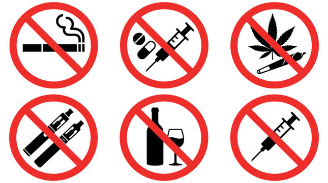 Forbidding Vector Signs collection of red prohibited icons for vaping and substance control