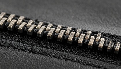 Zipper teeth close-up, detailed metallic interlocking elements, smooth functionality, fastening mechanism, precise alignment, durable construction, texture patterns, shiny surface, everyday use, cloth