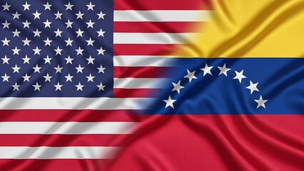 Obraz premium political tension economic conflict international relations sanctions diplomacy waving fabric flags representing USA versus Venezuela interconnected relations between the United States and Venezuela