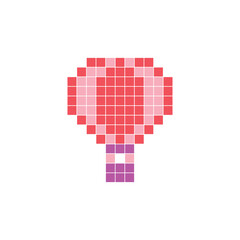A flat pixel design made of geometric square color blocks on a clean icon layout. Pixel art hot air balloon