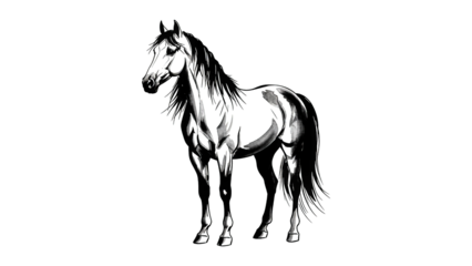 Elegant black and white sketch of a majestic horse standing proudly.