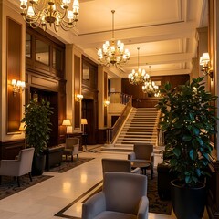 Grand hotel lobby with staircase and chandeliers