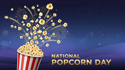 A vibrant illustration celebrating National Popcorn Day with a red and white striped bucket of popcorn exploding into fireworks against a starry night sky.
