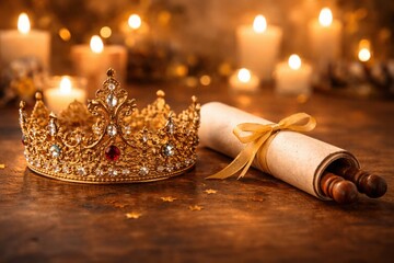 A Golden Crown Resting Beside a Rolled Scroll Tied with Ribbon, Illuminated by Soft Candlelight, Evoking a Sense of Royalty and Celebration