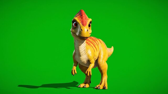 Animated cartoon baby dinosaur in playful poses against vibrant green screen