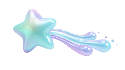 A glossy iridescent star trails colorful liquid droplets across a white space.