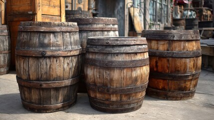 Wooden barrels sit stacked in an outdoor market area during daytime under natural light