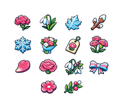 January Birth Flowers. january birth flowers. Colorful isometric vector icons set of january birth flowers: carnation, snowdrop, frosty leaf, winter bud, ice