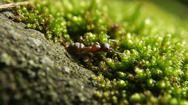 A detailed macro shot capturing a small ant exploring bark covered in lush, green moss. The focus is on the ant