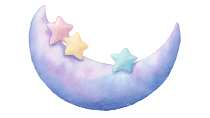 A gentle crescent moon glows with soft pastel stars scattered across its surface.