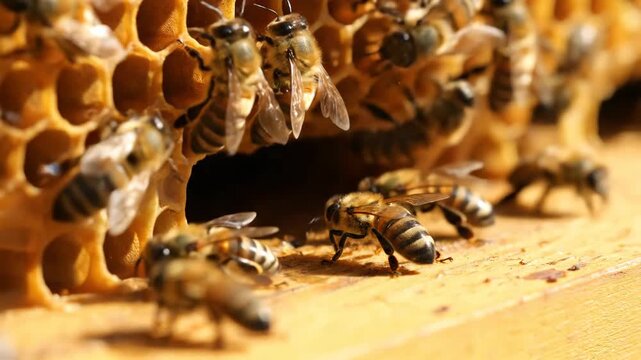 Close-up of bees interacting with honeycomb, revealing natural beauty and intricate details