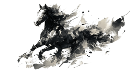 Dynamic ink splash depicts a powerful horse in full gallop across a white canvas.
