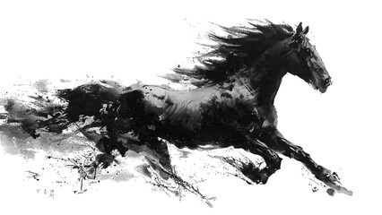 A dynamic black horse gallops powerfully with its mane flowing in the wind.