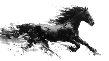 A dynamic black horse gallops powerfully with its mane flowing in the wind.