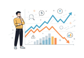 Fototapeta premium Market Trends Illustration. Stock market trends illustration. Character standing beside a large upward or downward graph line, expressing growth, fluctuation,