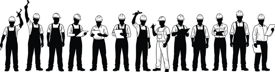 Obraz premium Large Group of Silhouette Construction Workers Standing in a Row Holding Tools and Helmets for Industrial Workforce Concept
