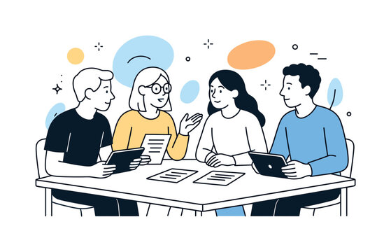 Collaborative Student Discussion. University collaboration. Small group of students discussing a project around a table with tablets and documents. Calm