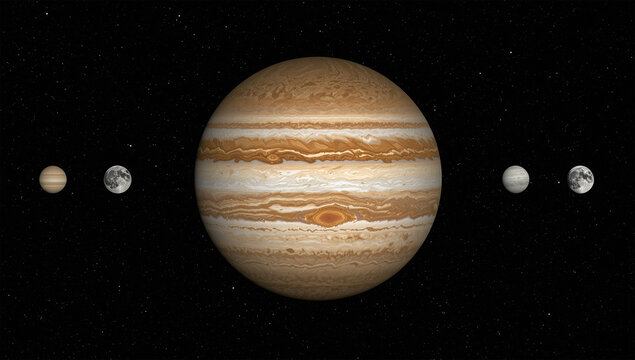 大赤斑が渦巻く木星とガリレオ衛星の整列を中心配置で描く