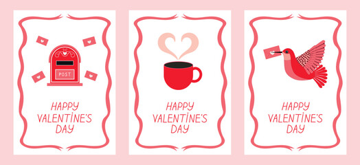 A set of Valentine's Day cards with envelopes, a mailbox, a flying bird with a letter in its beak, and a coffee cup with a heart-shaped smoke. Vector templates for invitations and cards.