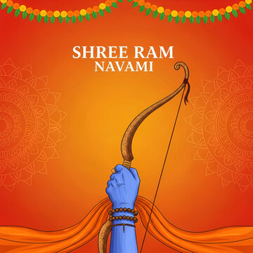 Shri Ram Navami Greeting hands of Lord Rama Holding Big Bow and Arrow