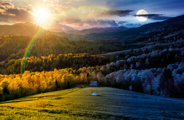 mountain rural area in springtime. day and night time change concept. agricultural fields on hills with forest with sun and moon. beautiful countryside landscape. harmony and progress calendar
