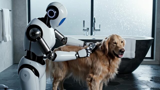 Robot washes golden retriever in bathroom with bath. Dog stands while robot performs pet washing. Modern bathroom shows robot washing dog. Golden retriever gets bath from robot. Pet care technology.
