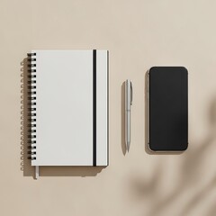A spiral notebook pen and smartphone on a beige background