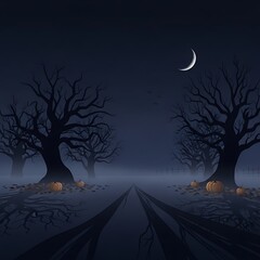 Moonlit night with bare trees on a foggy road