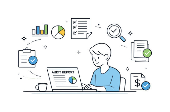 Audit Report Preparation. Audit reporting. A specialist preparing a summarized audit report on a laptop. Structured insight and accountability, charts and