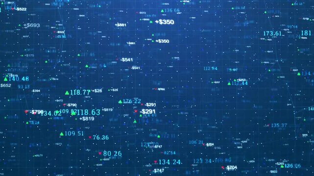 stock exchange indexes numbers fluctuating in the 3d space. finance trading business abstract background. 4k animation of stock market and price changes