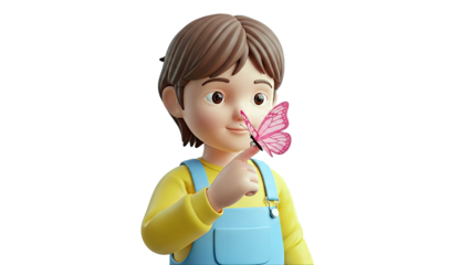 3D Cartoon Boy with Pink Butterfly on Finger