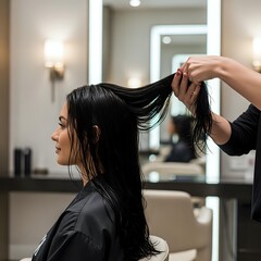 Fototapeta premium Professional hairstylist cutting wet dark hair of female client in modern salon with mirror and professional lighting for hair care services.