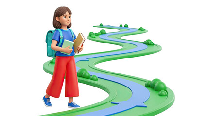 3D Girl with Backpack and Books on a Winding Path