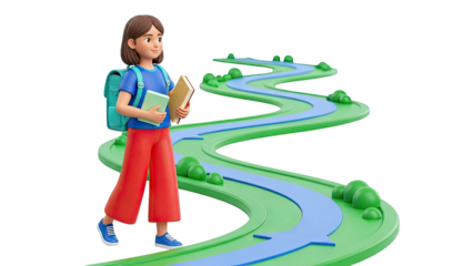 3D Girl with Backpack and Books on a Winding Path