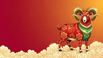 Festive ram with ornate floral patterns standing on decorative clouds against warm gradient background for lunar new year celebrations and holiday designs.