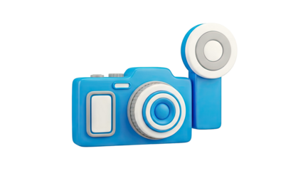 3D Rendering of a Blue Camera with Flash